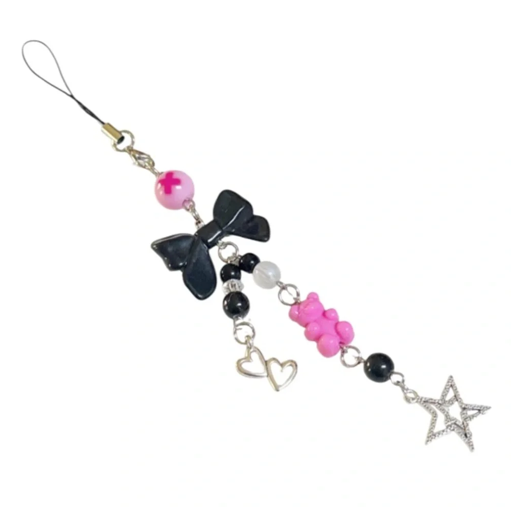 Black pink bow gummy bear metallic silver phone charm 7”